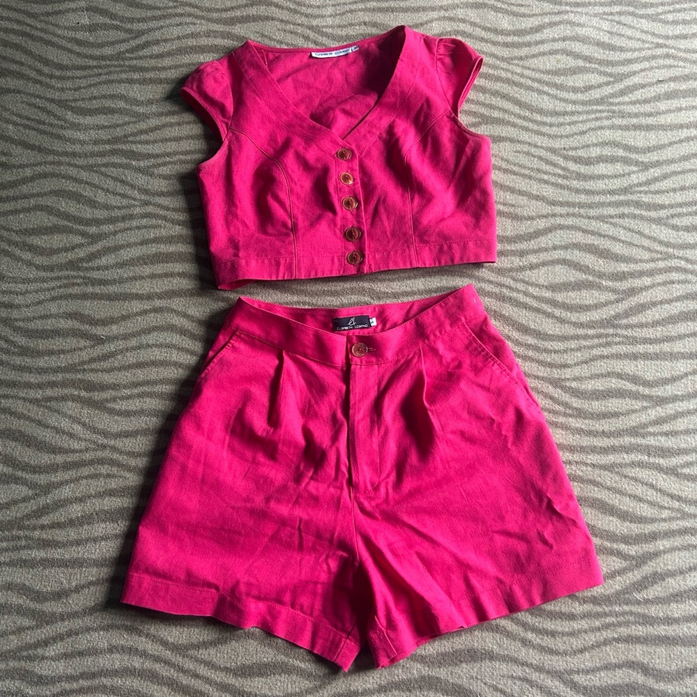 Vibrant Pink Button-Up Crop Top and Shorts Set